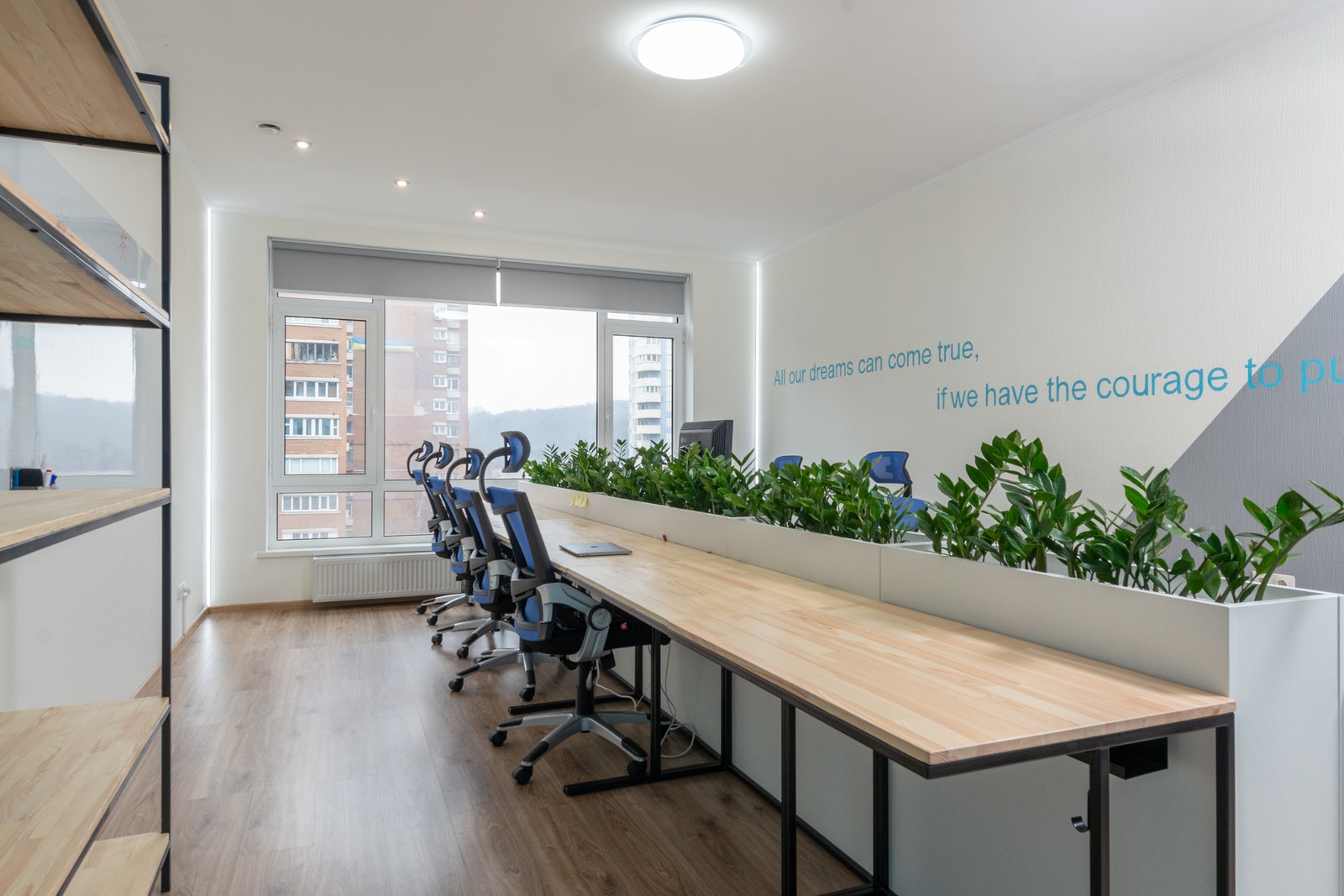 Armchairs at table with green plants in stylish conference room with motivational inscription on wall and window in business center